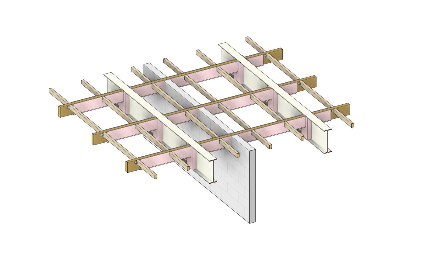 3D diagram of RAAC roof panels with new steel strengthening beneath