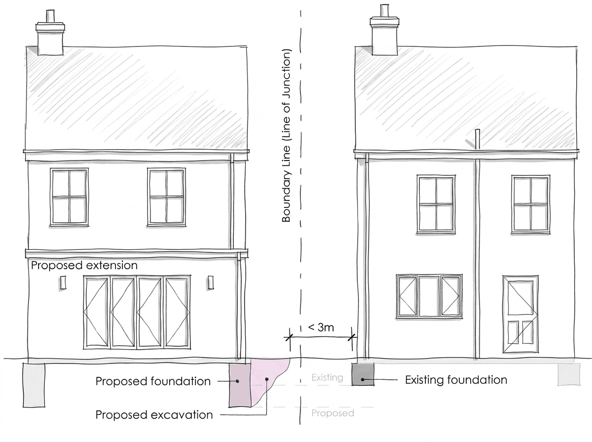 Sketch showing proposed excavation within 3 metres of an adjoining building's existing foundation.