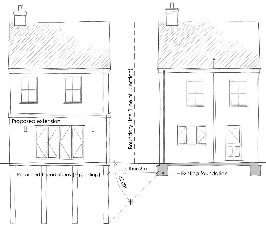 Sketch showing the 45° line projected downwards from a neighbour's foundation, intersecting a proposed deep excavation within 6 metres.