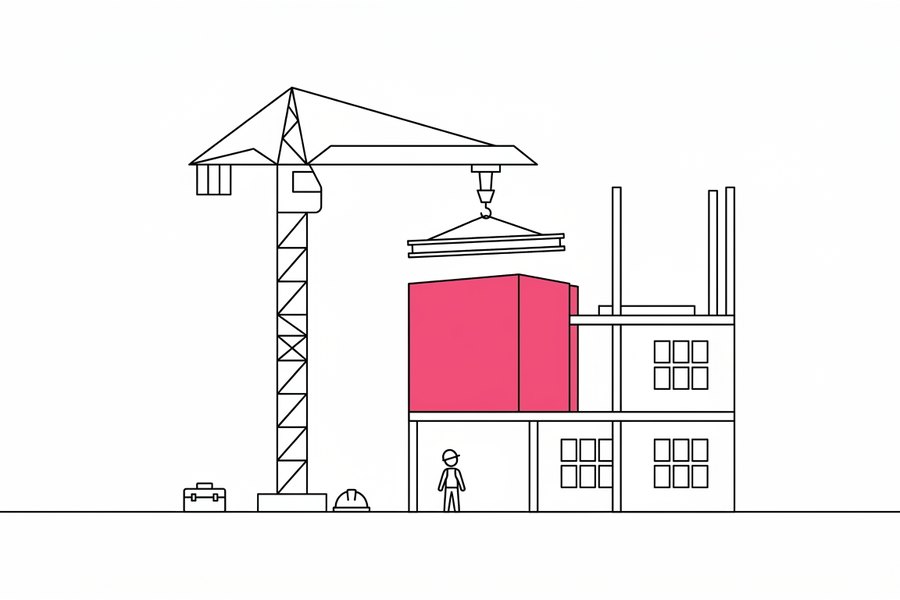 Line drawing of a tower crane lifting a new section onto a building under construction