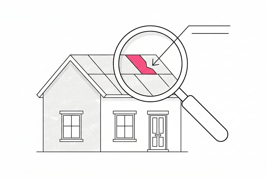 Line drawing of a house with a magnifying glass over a damaged section of roof