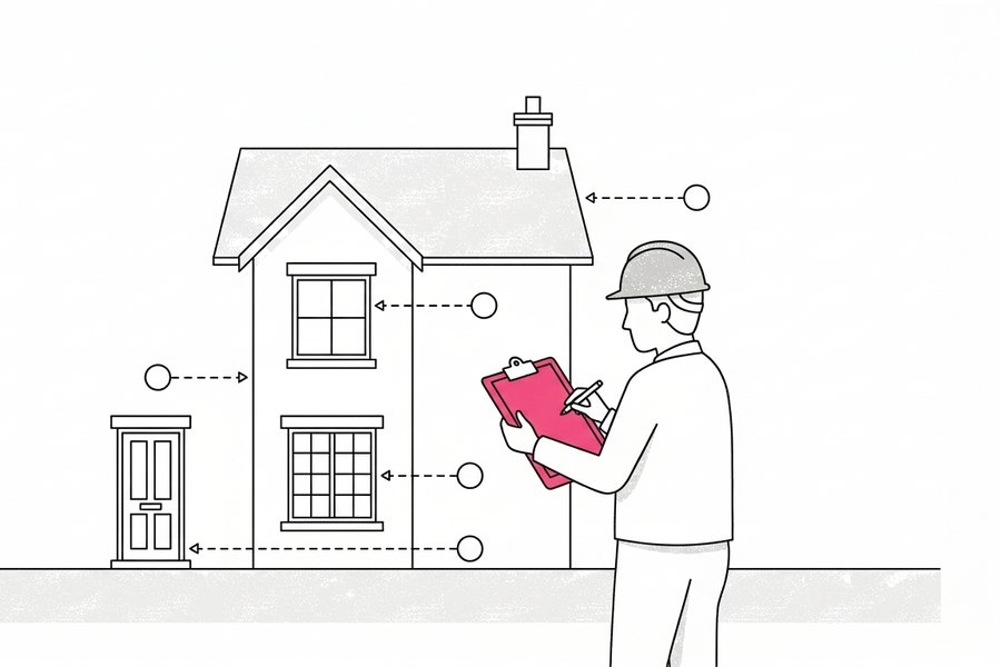 Line drawing of a surveyor in a hard hat recording numbered observations on a house