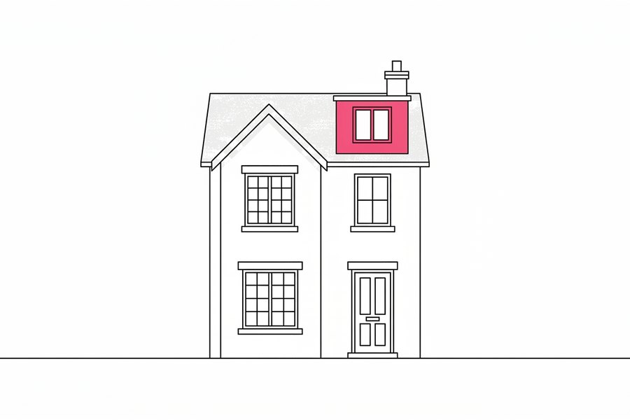 Line drawing of a house with a new dormer loft window picked out in pink