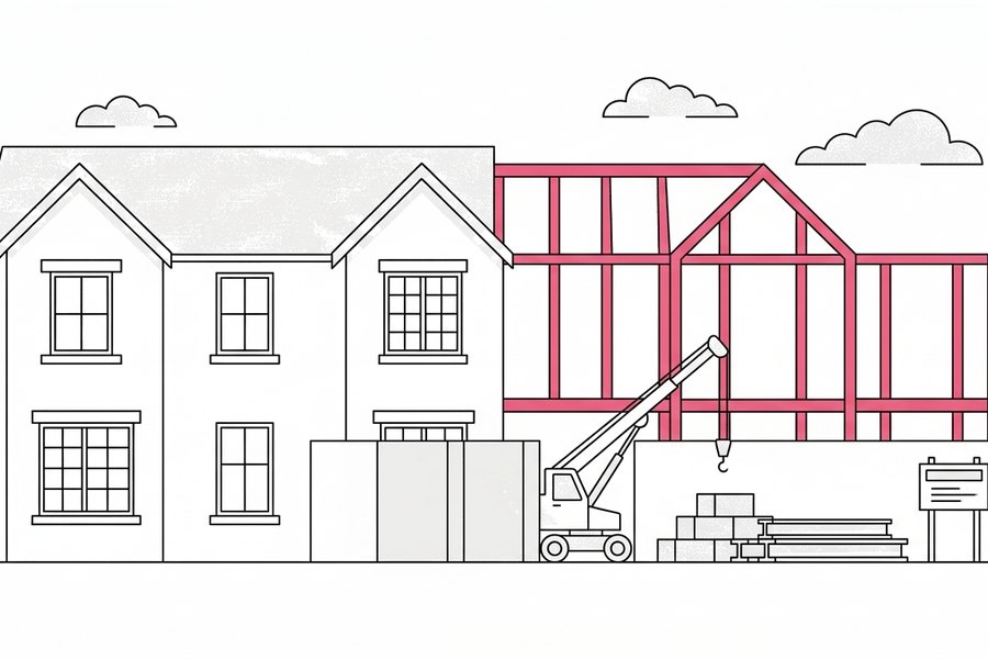 Line drawing of a semi-detached house with a new extension being framed next to the neighbour